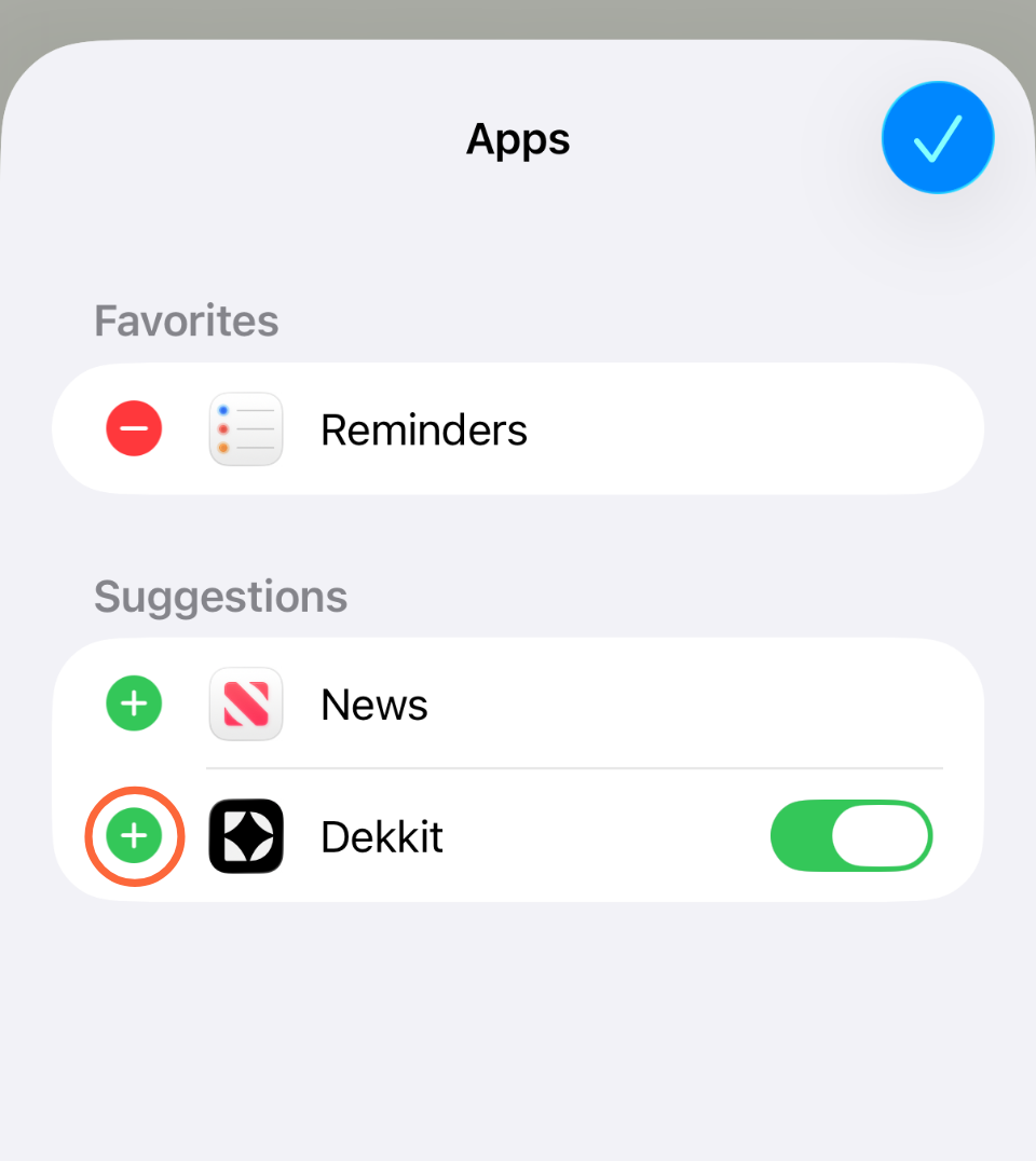 Real iOS screenshot with the green plus next to Dekkit highlighted under Suggestions.