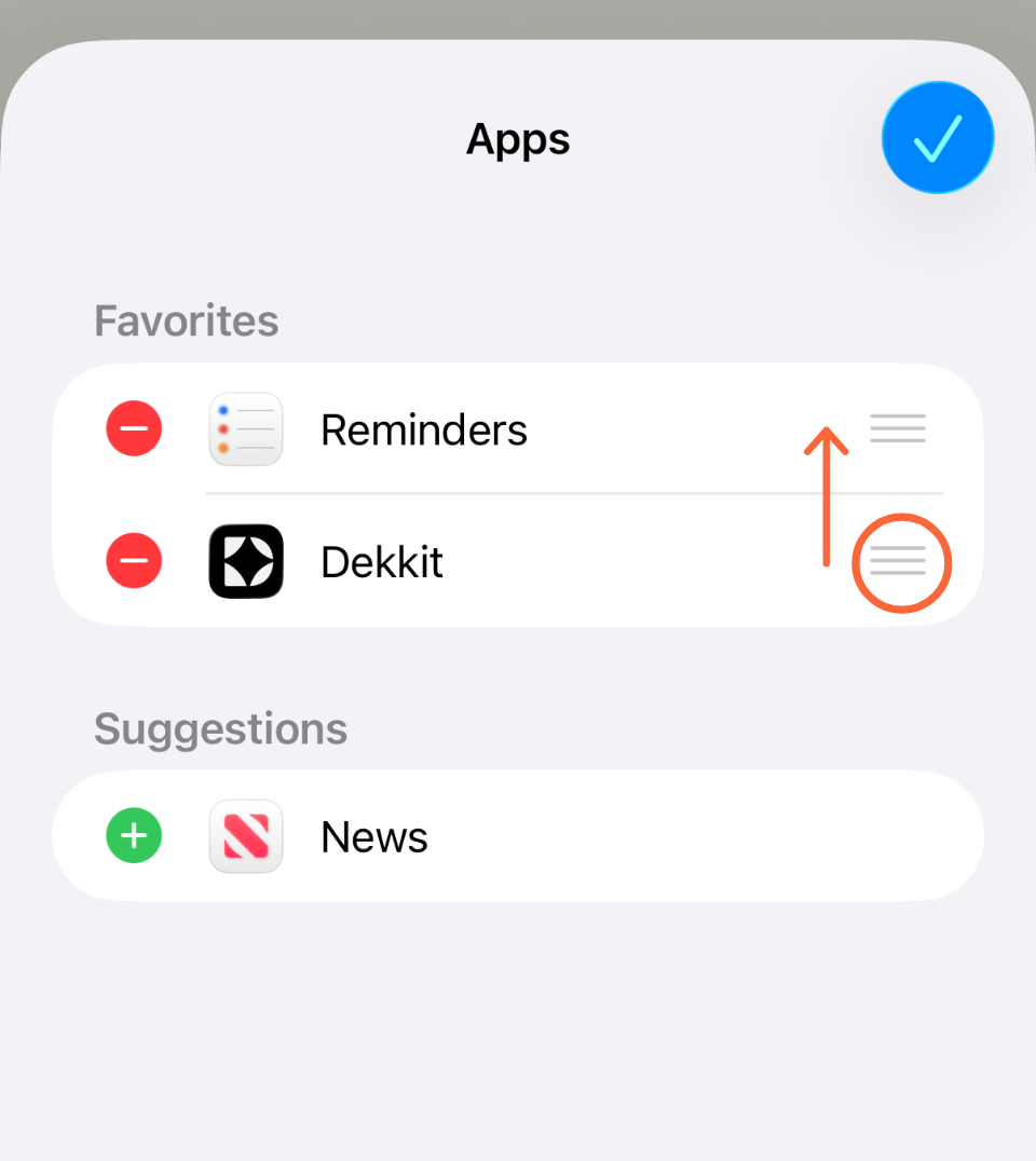 Real iOS Favorites list with Dekkit’s three-line reorder handle highlighted and an arrow pointing upward.